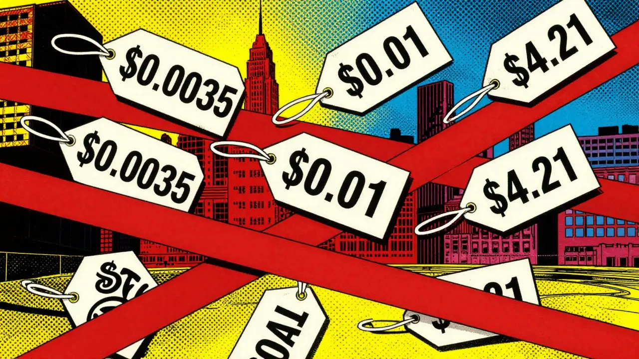 Chaotic floating price tags tangled in red warning ribbons amidst a cityscape.