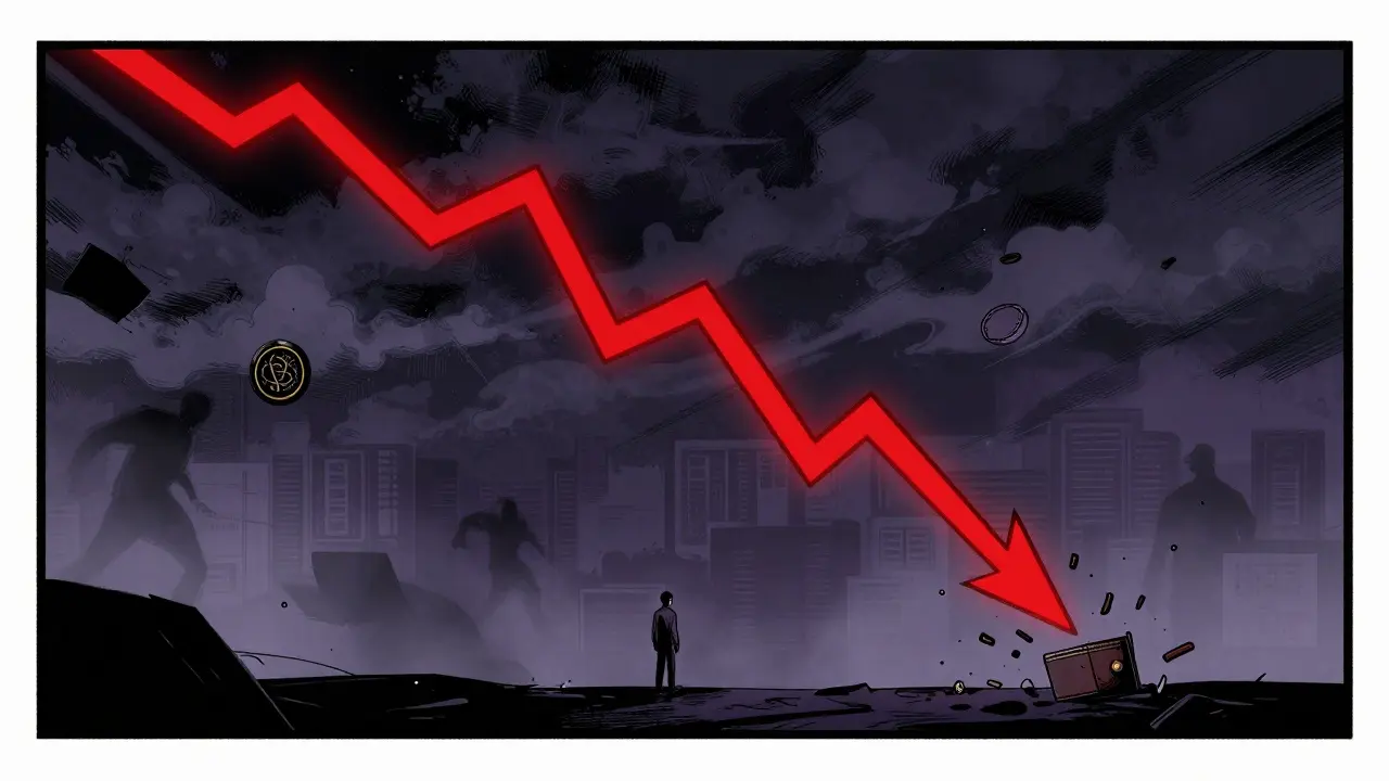 Comic illustration of a token price crash and investor loss
