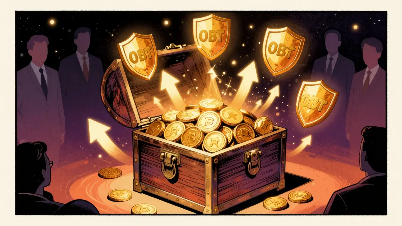 Comic illustration of OBT token vault with governance symbols