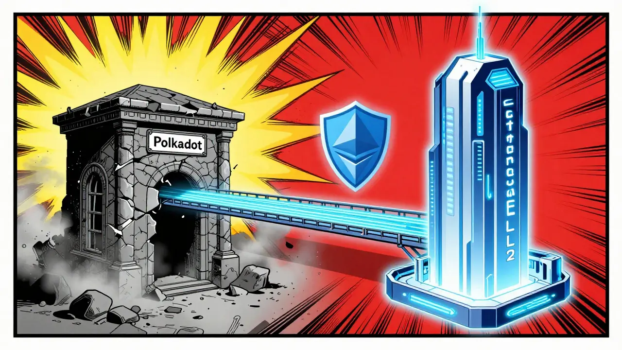 Comic illustration showing migration from Polkadot infrastructure to Ethereum Layer 2
