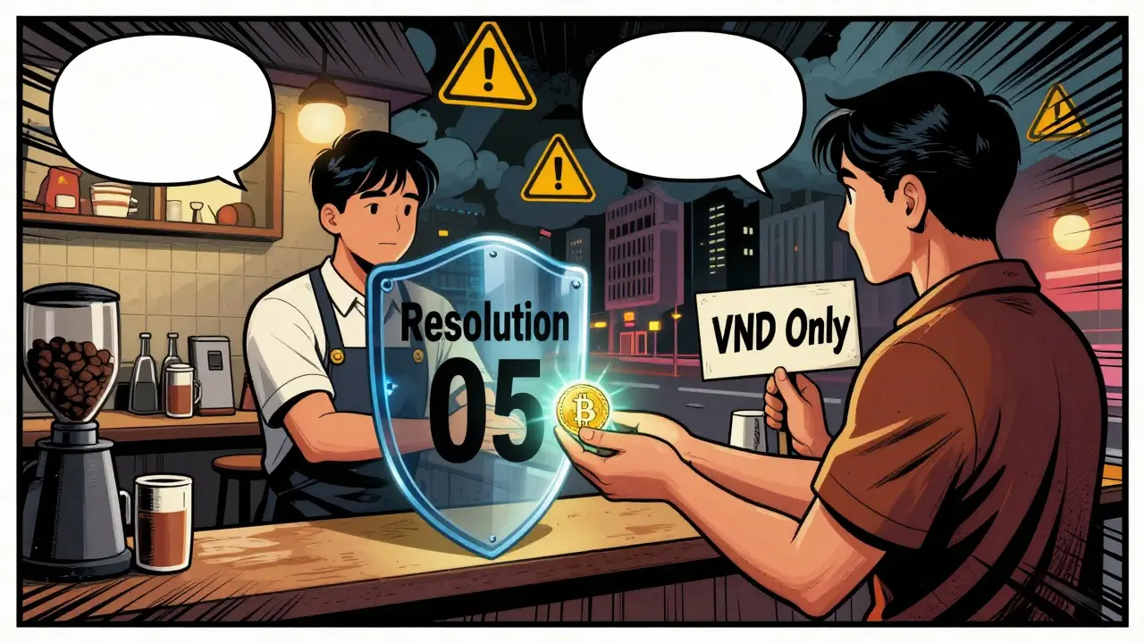 Comic panel depicting a failed attempt to pay for coffee with Bitcoin due to new payment bans.