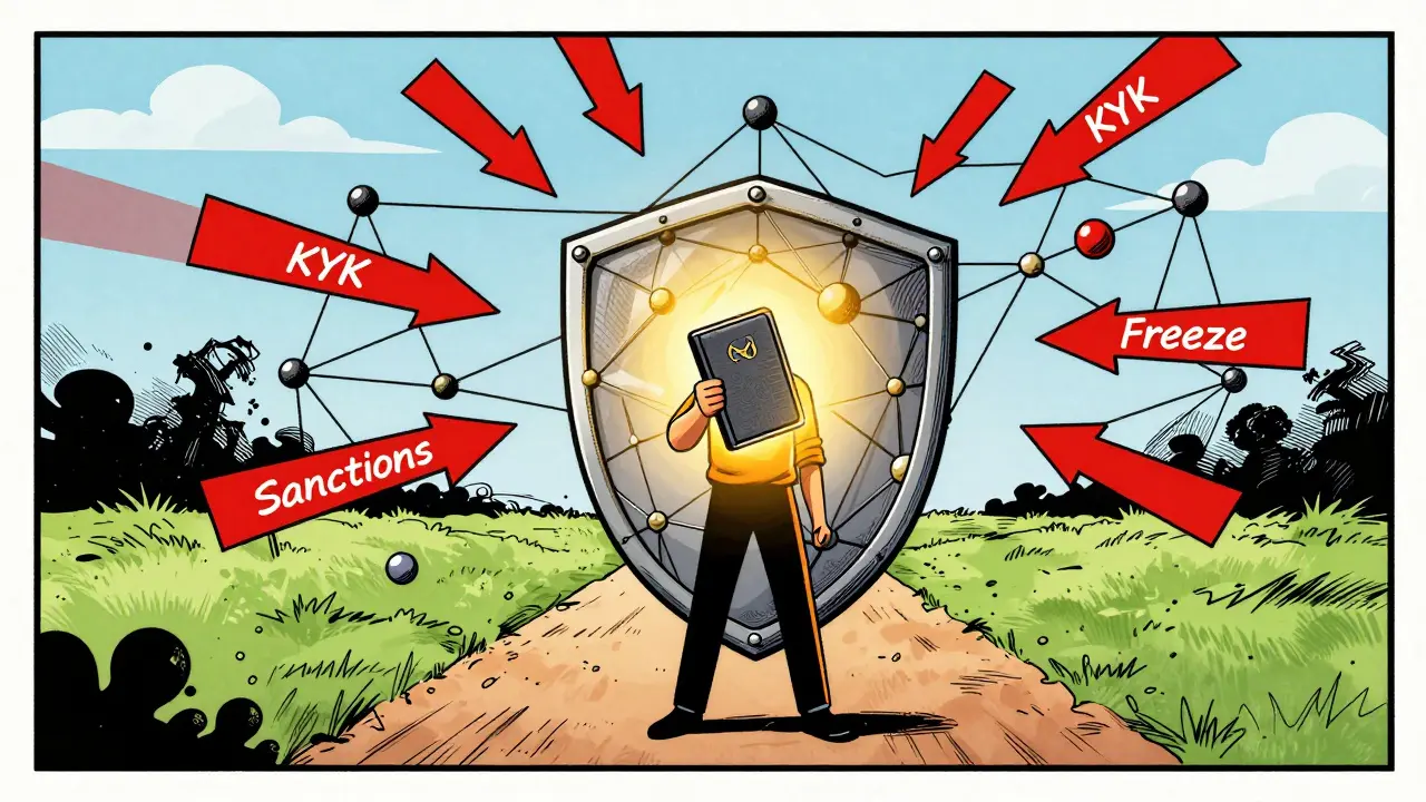 Comic style image of a hardware wallet protecting assets from external threats.