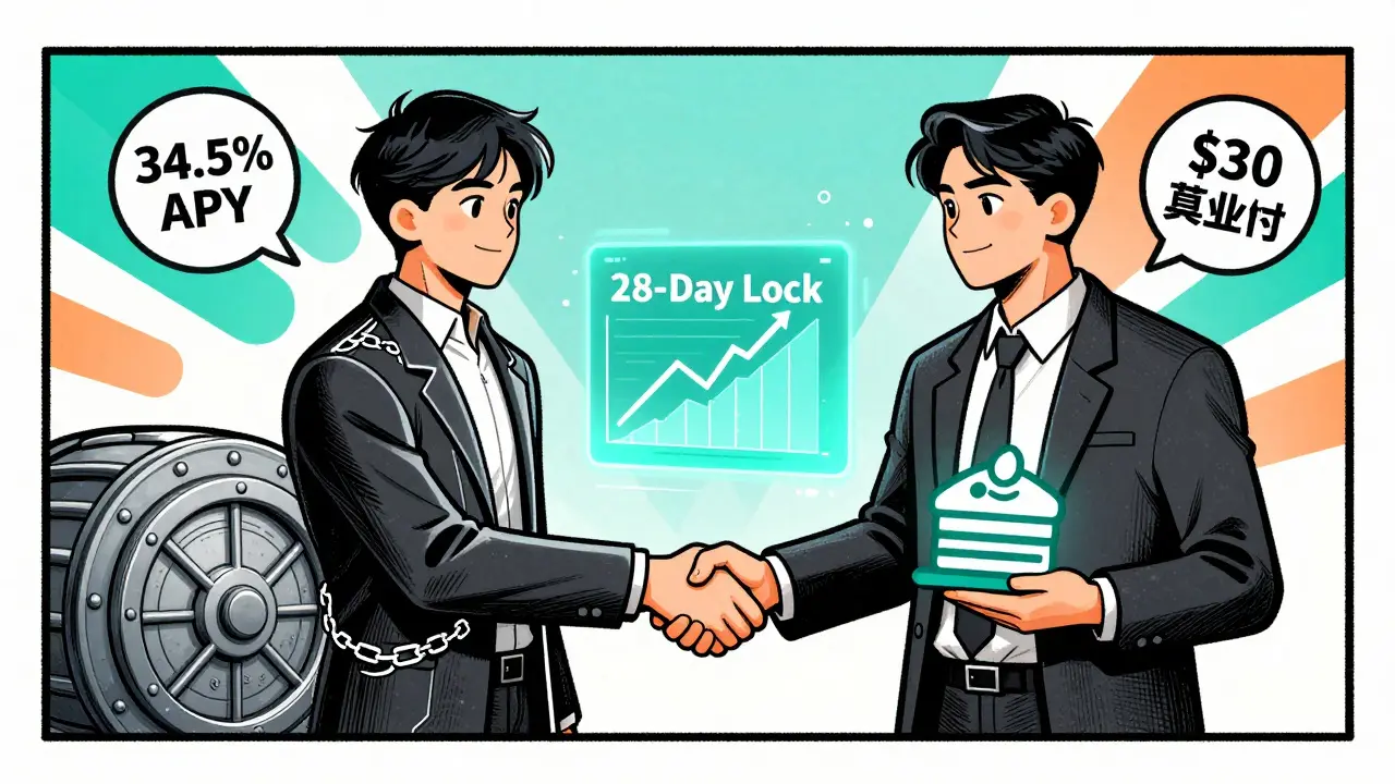 Comic style image of DeFiChain and Cake DeFi partnership with APY growth.