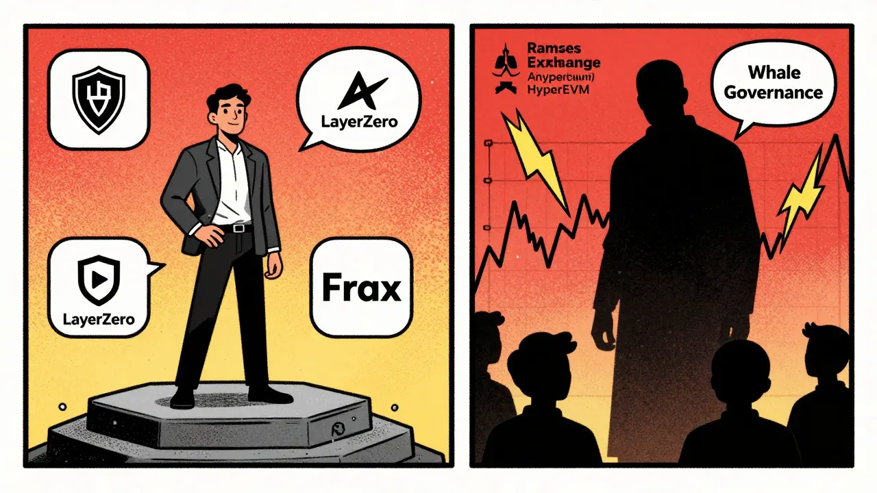 Comic style split panel showing security partnerships versus governance risks and market volatility.