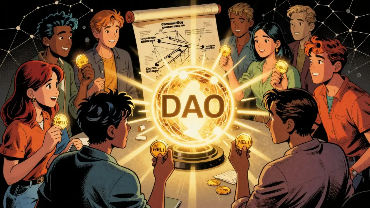 Community members voting with HELI tokens in DAO setting
