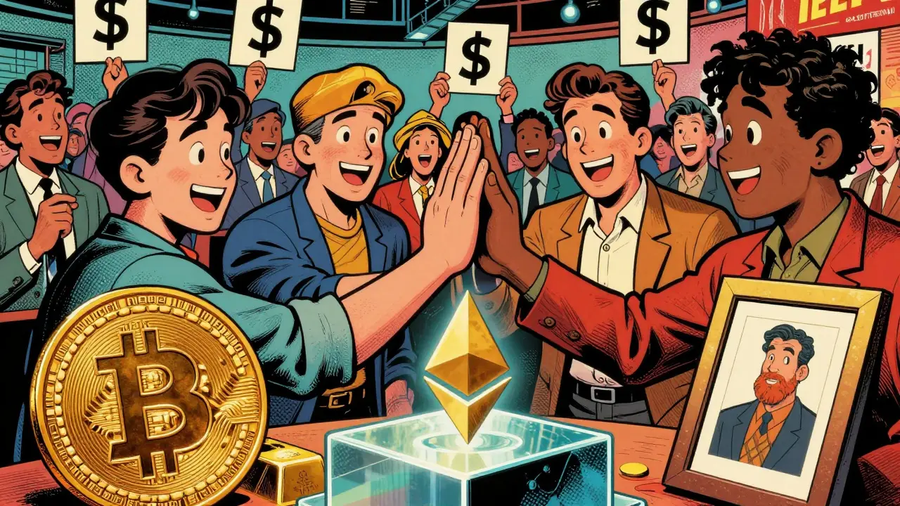 Crypto, gold, and NFT assets uniting in vintage comic style