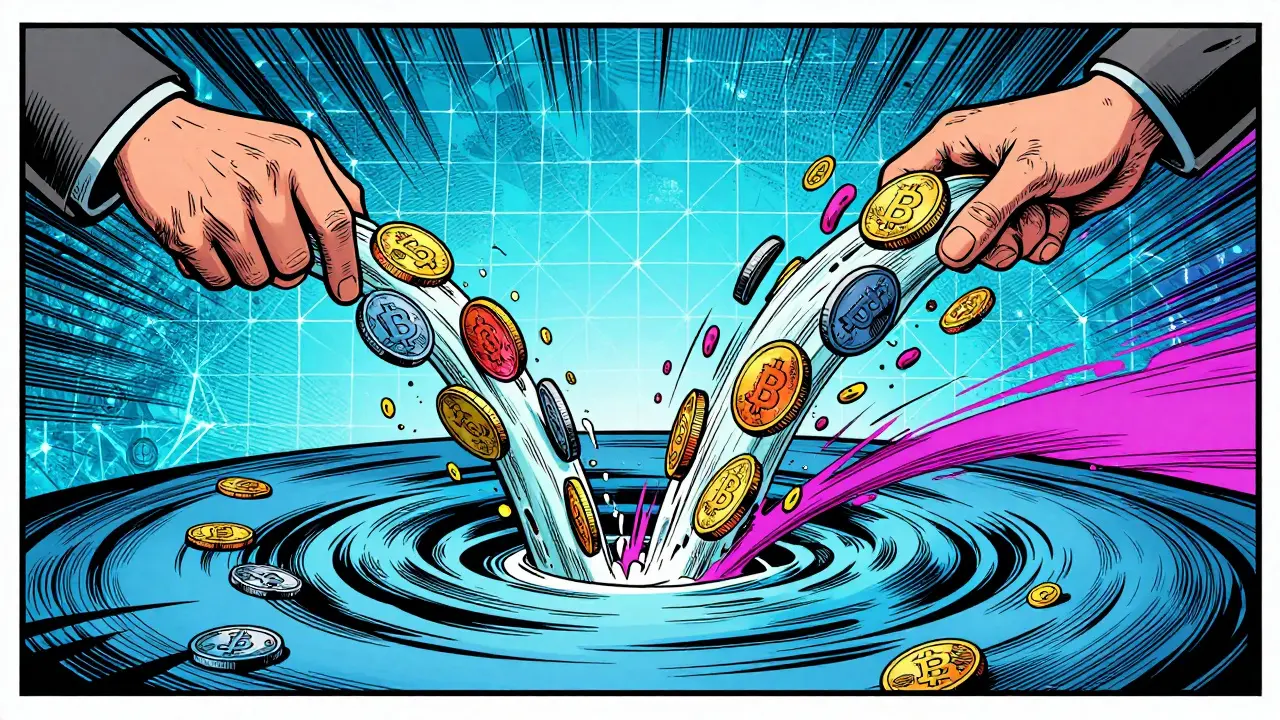 Digital coins swirl in a mixer pool, breaking transaction links