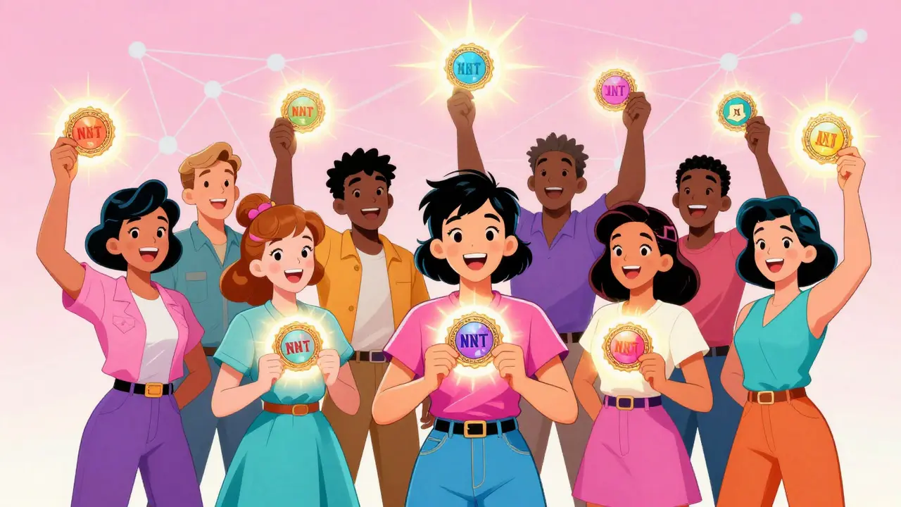 Donors holding glowing NFT reward tokens in a vintage comic style, symbolizing verified charitable impact.