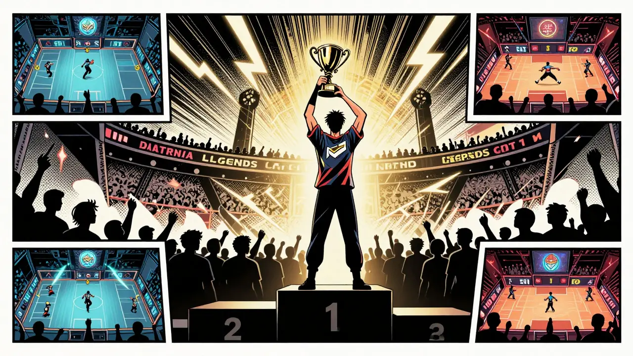 Esports tournament winner celebrating in retro comic book art