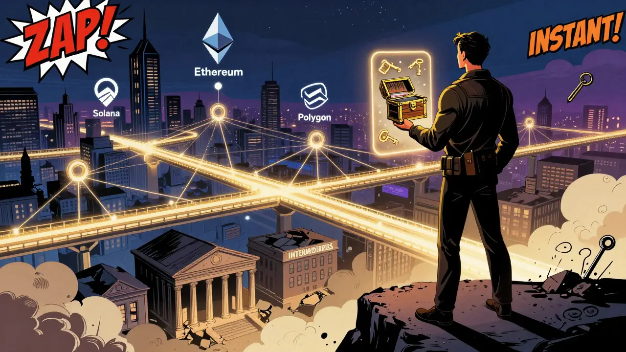 Freelancer holding hardware wallet on cliff, overlooking digital global connections.