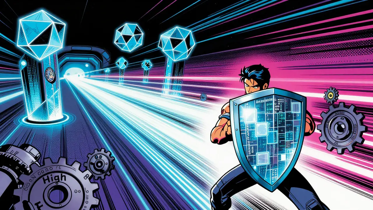 Futuristic blockchain arena with fast data streams