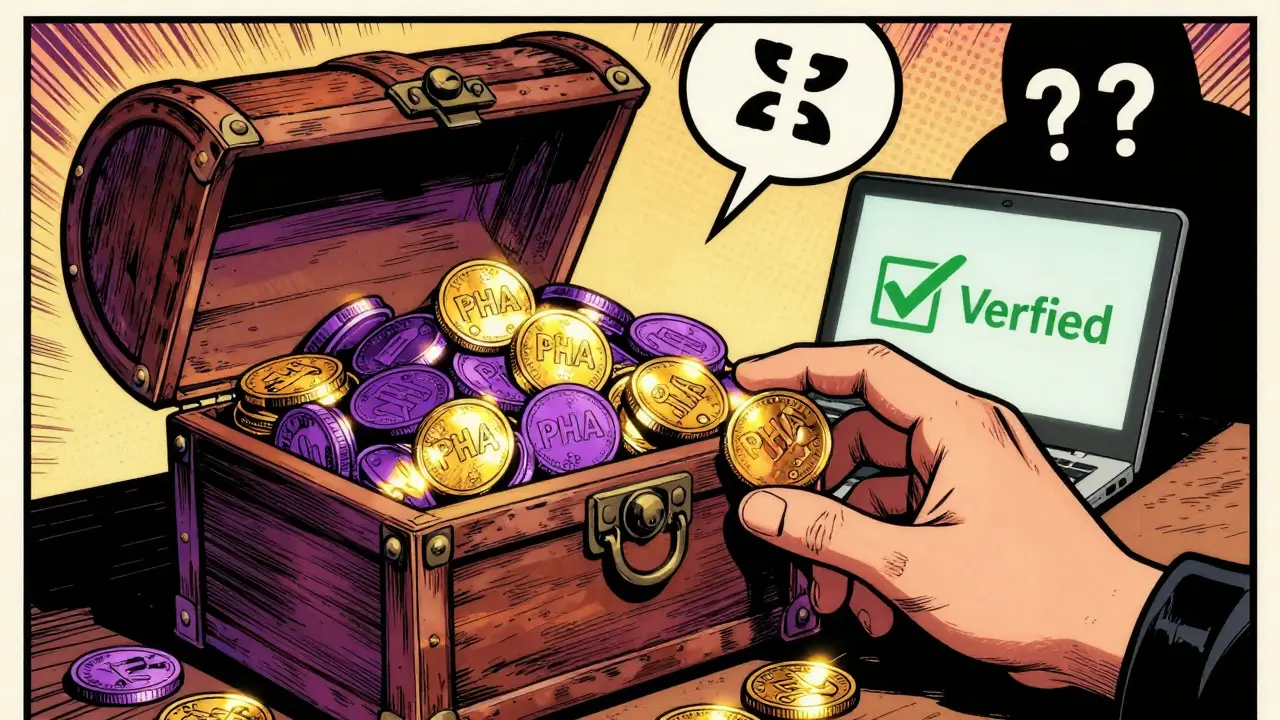 Glowing PHA crypto coins spilling from a chest with a shadowy risk figure nearby