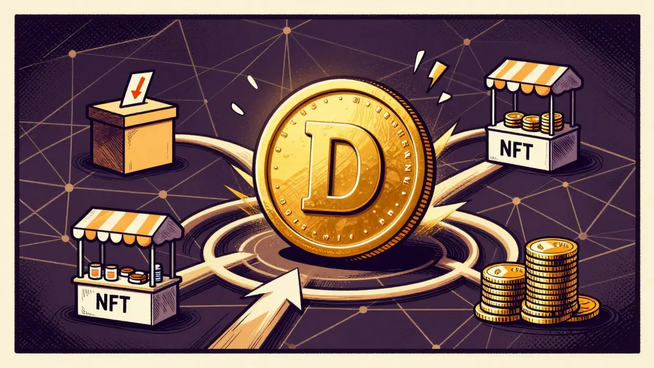 Golden D token connecting to ecosystem utilities in comic style