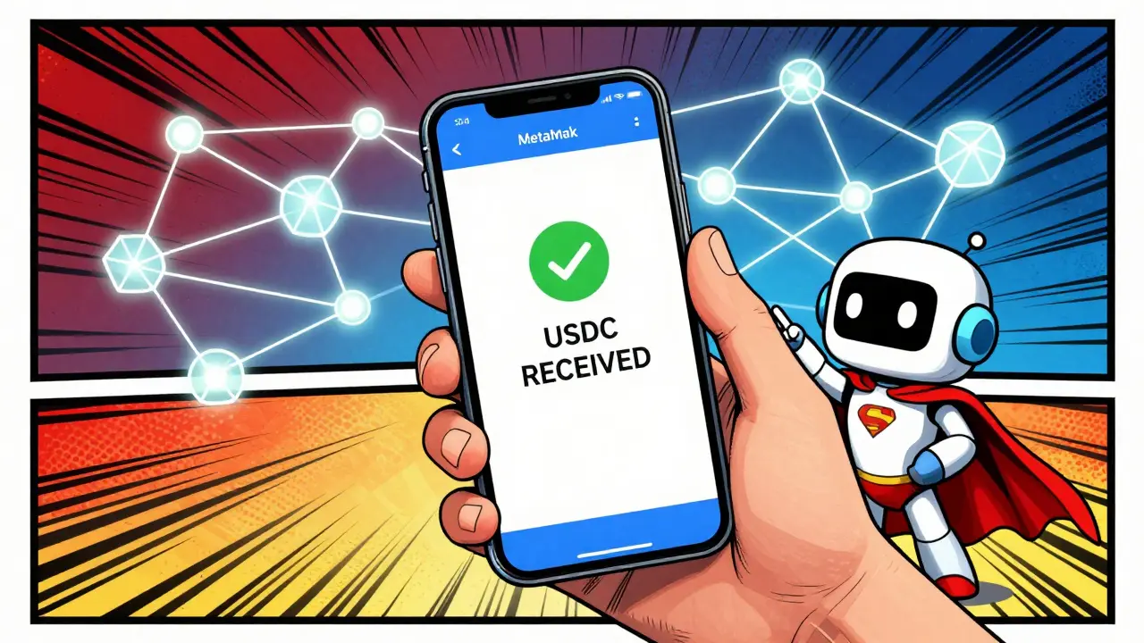 Hand holding phone showing received USDC payment with blockchain network graphics.