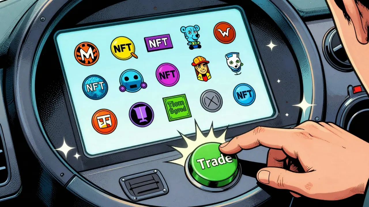 Hand pressing trade button on a unified cross-chain dashboard interface