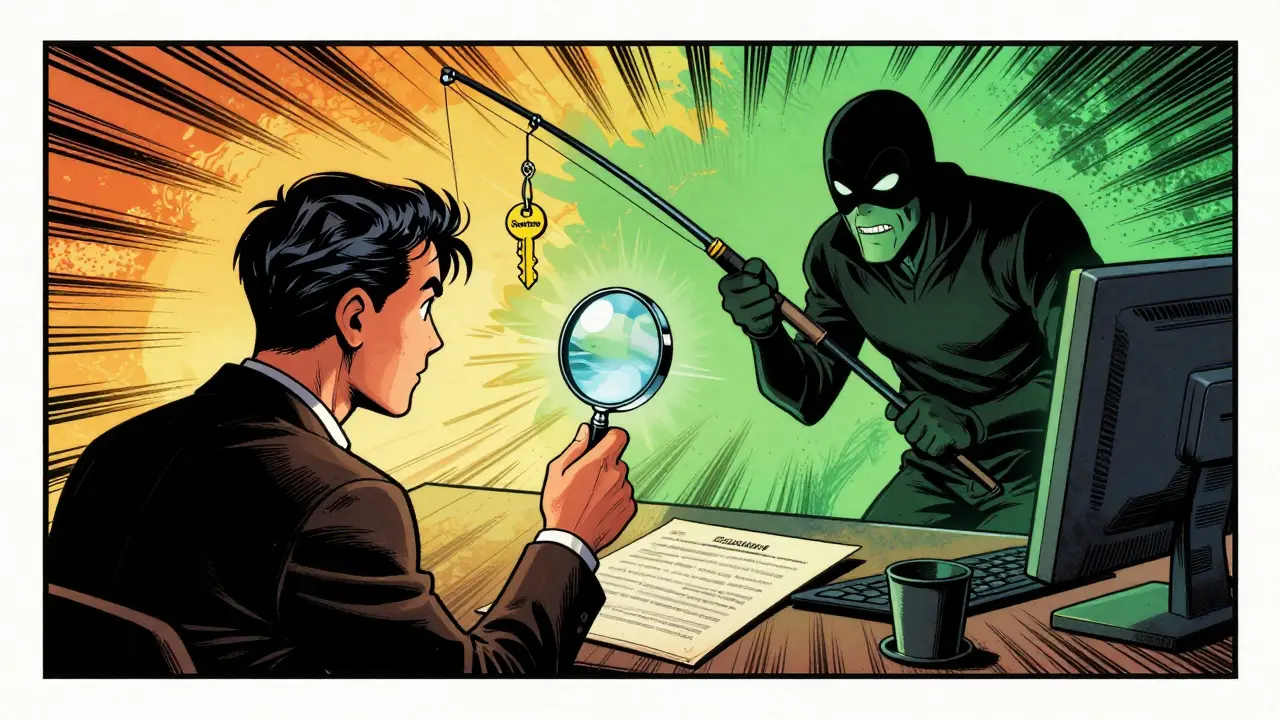 Investor checking contract details to avoid phishing scams in comic style