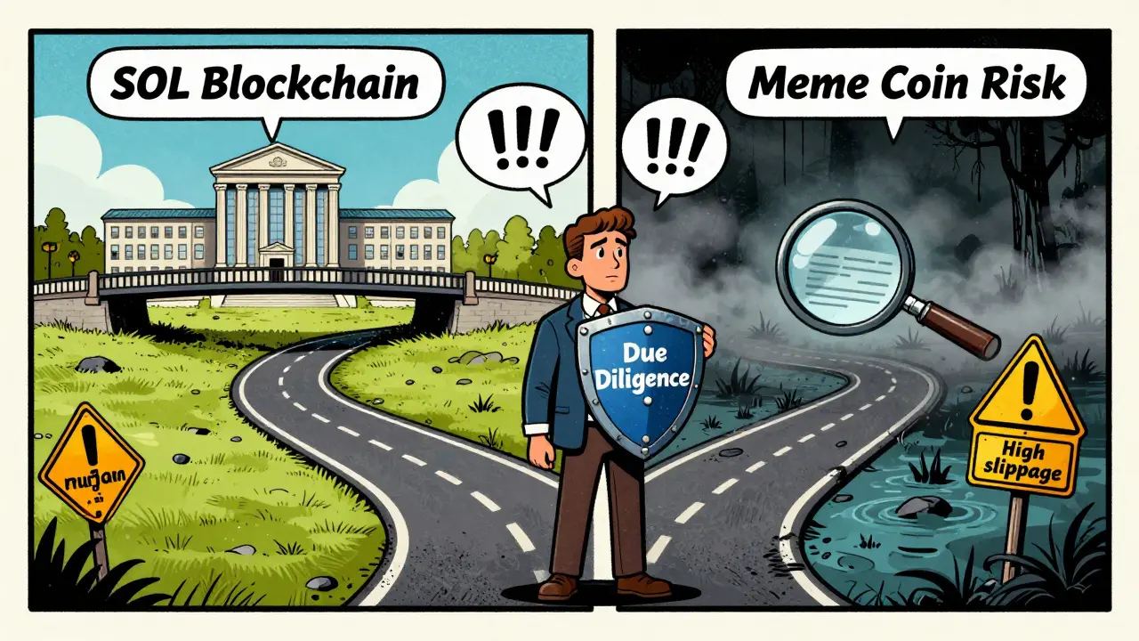 Investor choosing between safe blockchain path and risky meme coin swamp