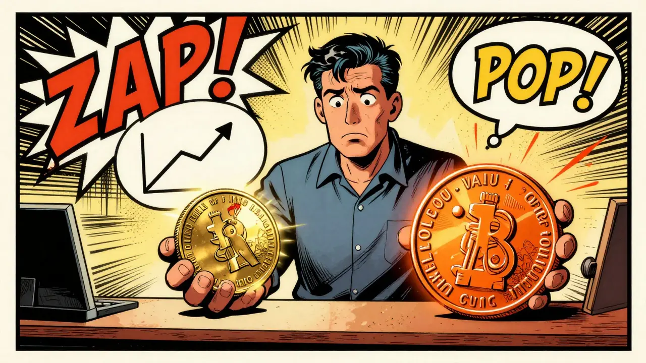 Merchant choosing between volatile gold coin and stable orange coin