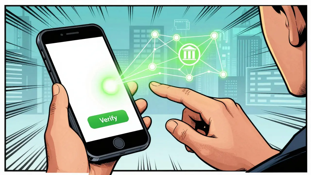 Person instantly verifying identity via smartphone on a global network in comic style.