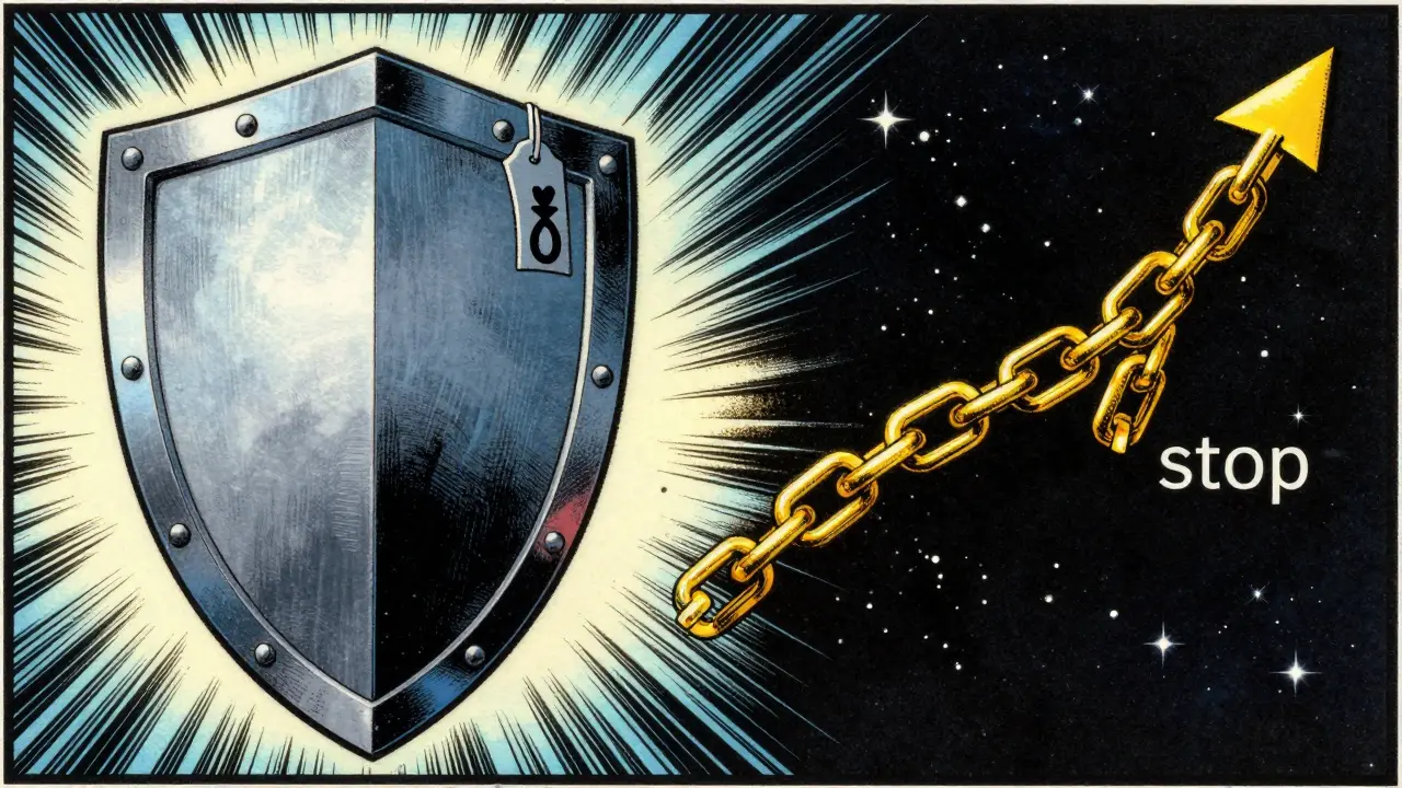 Retro comic art comparing a rigid static shield versus a flexible trailing shield in space.