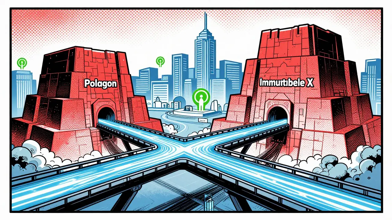 Retro comic art of fast blockchain bridges connecting digital game ecosystems