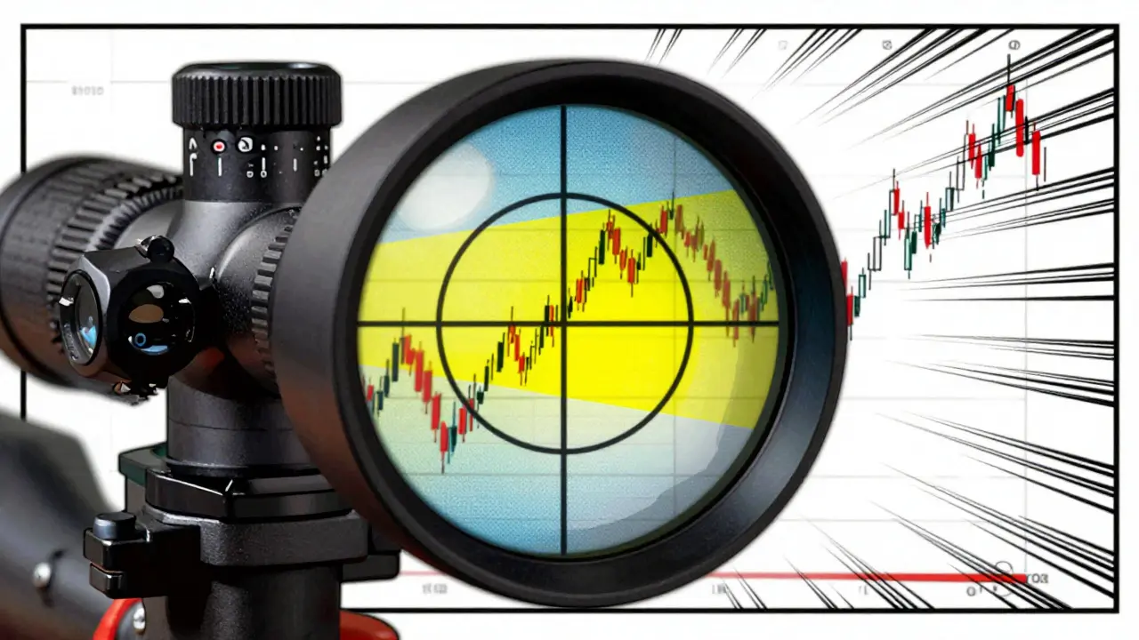 Sniper scope targeting precise liquidity range on a financial chart
