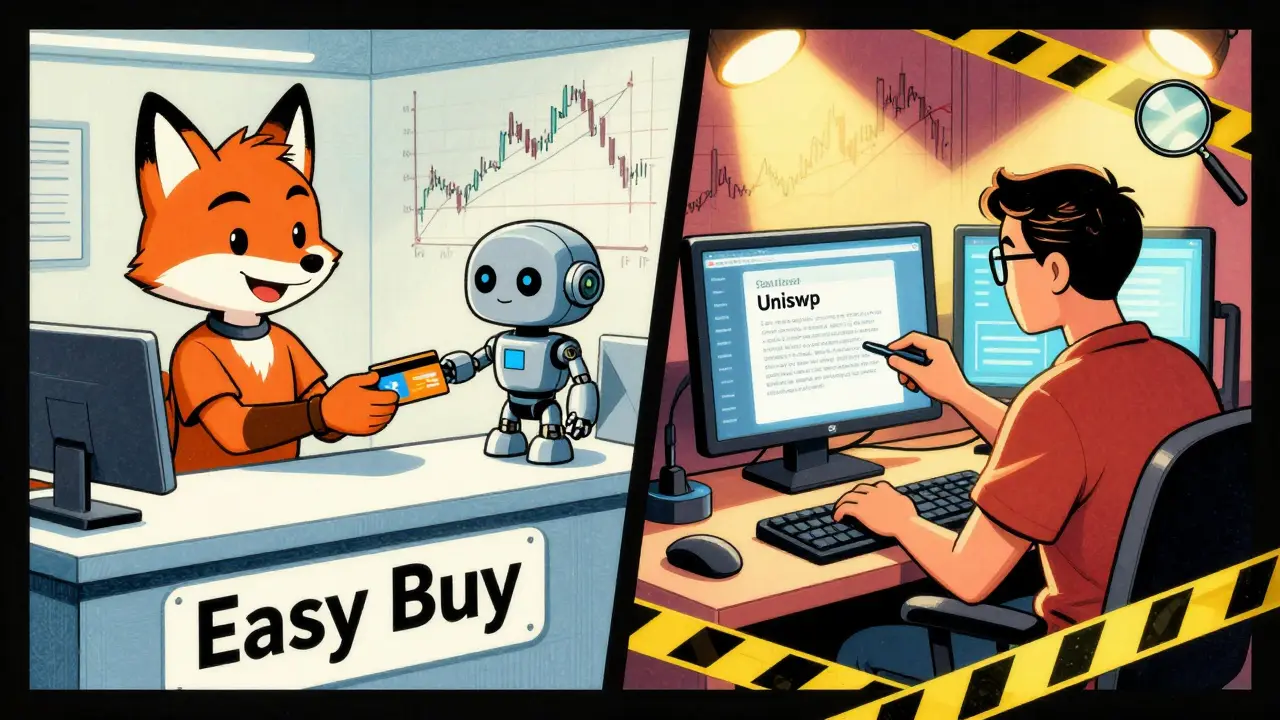 Split screen showing two methods to buy crypto tokens