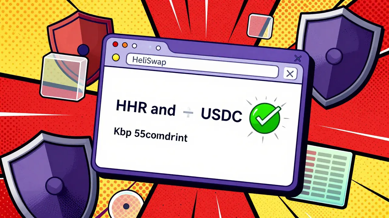 Stylized HeliSwap interface showing fast, secure token swap