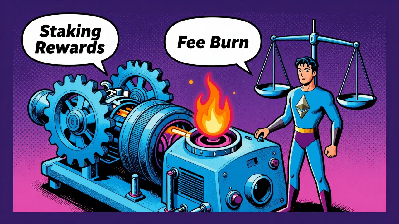 Superhero balancing staking rewards and fee burns in a hybrid engine