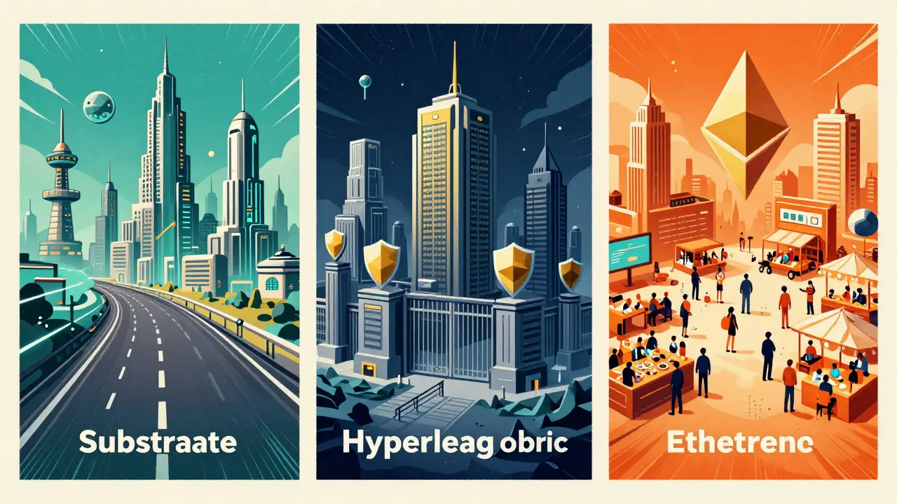 Three cityscapes representing Substrate, Fabric, and Ethereum networks