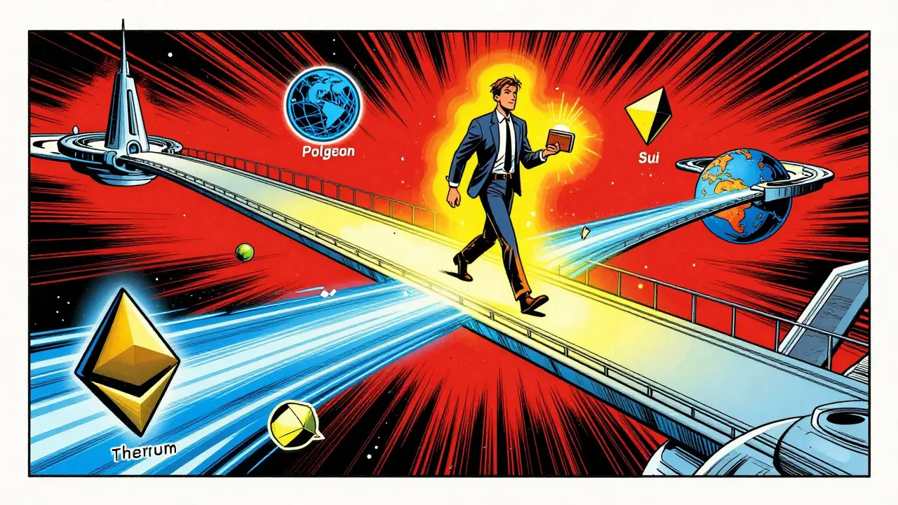 Trader crossing a unified bridge connecting multiple blockchain networks