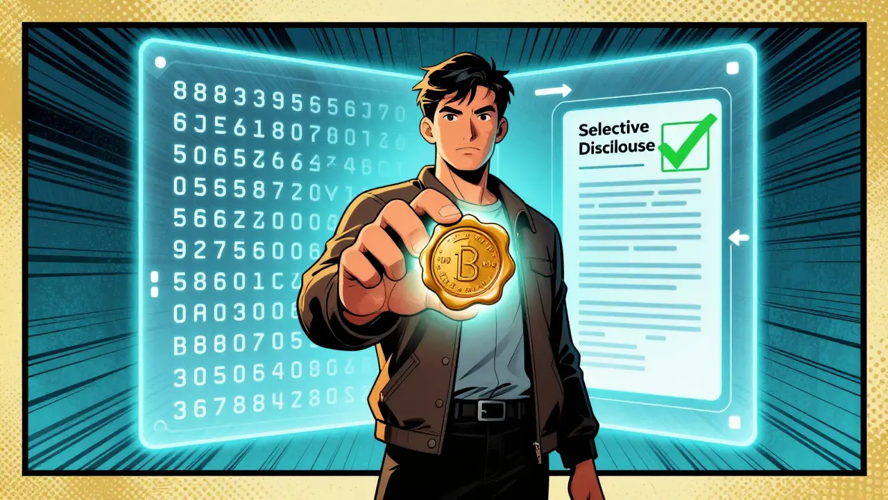 User holding encrypted digital ID token with blockchain ledger in comic art style.