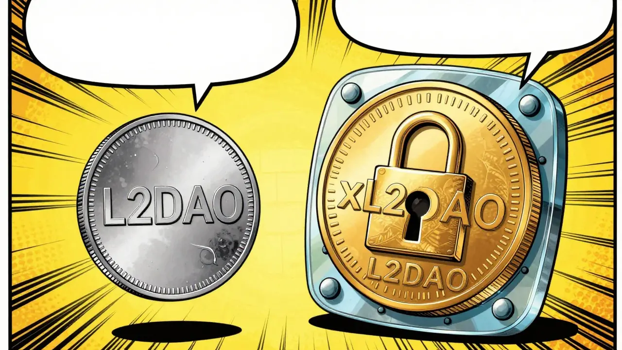 Vintage comic comparison of L2DAO and staked xL2DAO tokens