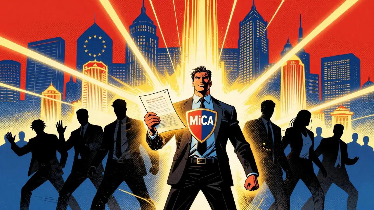 Vintage comic hero representing MiCA regulation uniting global standards