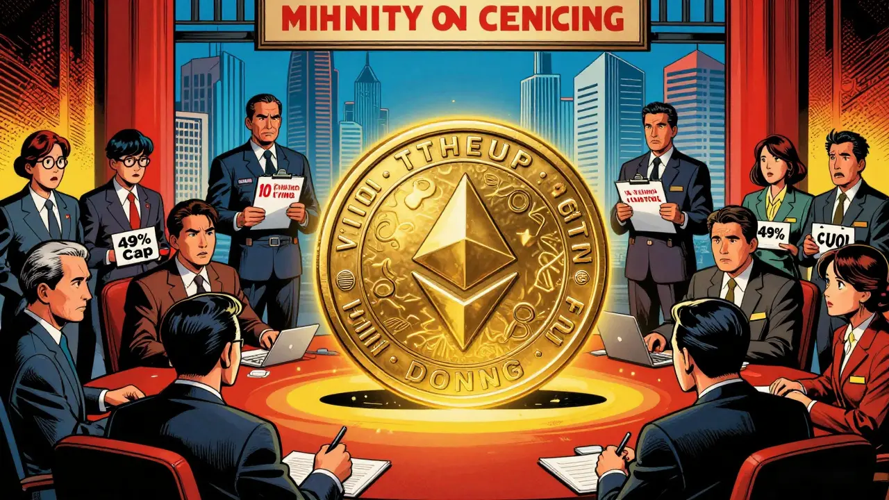 Vintage comic illustrating strict capital requirements and VND-only trading rules for crypto exchanges.