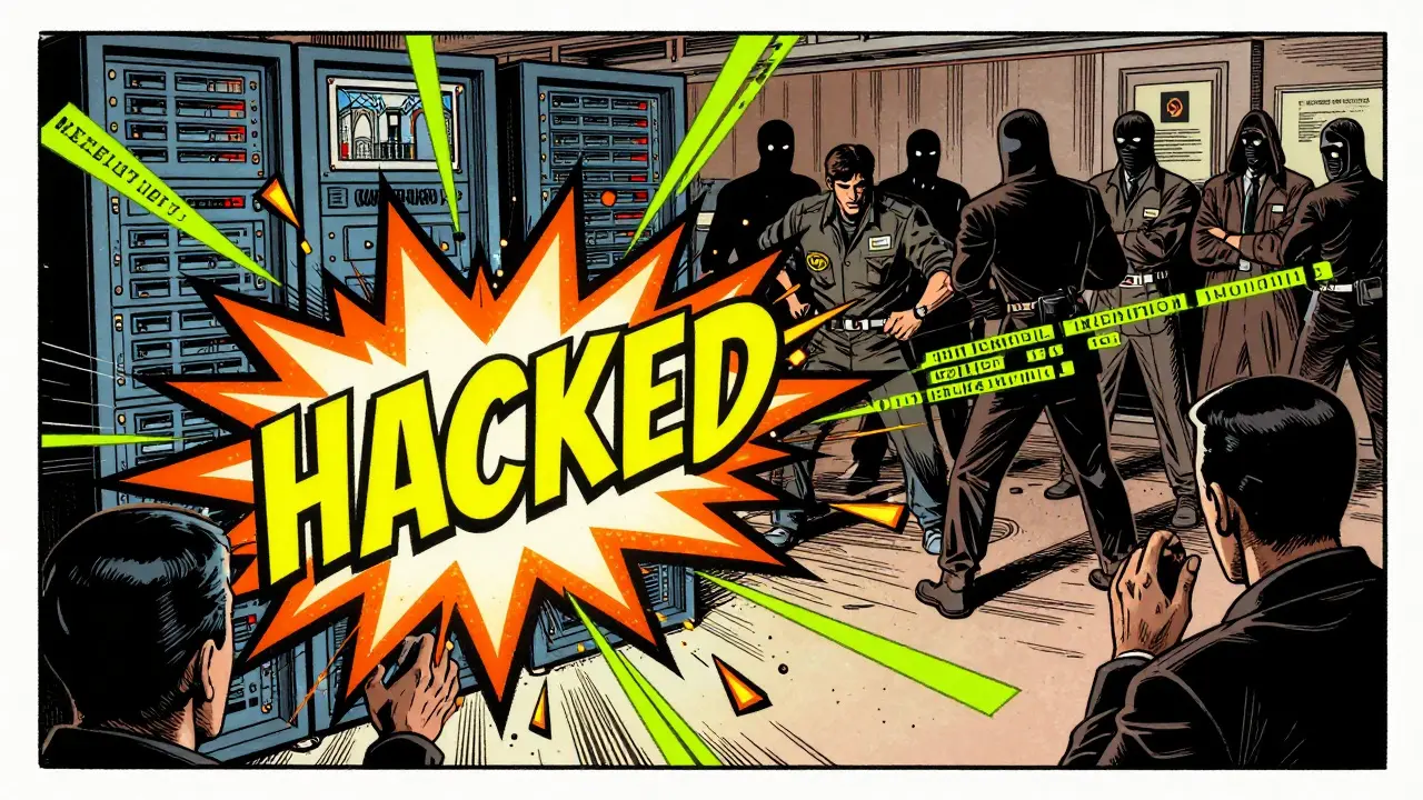 Vintage comic illustration of a hacked exchange server exploding with data.