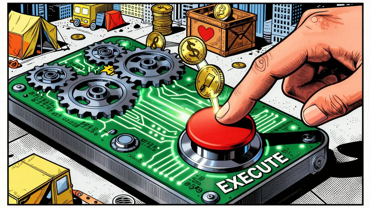 Vintage comic illustration of smart contracts automating direct fund transfer to relief supplies via gears and code.