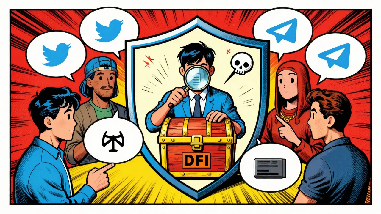 Vintage comic illustration of users safely engaging in social airdrop tasks.