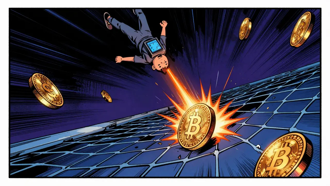 Vintage comic panel depicting a coin falling through gaps in a safety net, illustrating slippage risk.