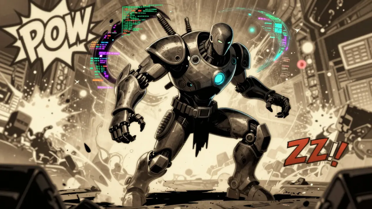 Vintage comic style AI companion NFT evolving shape during intense battle