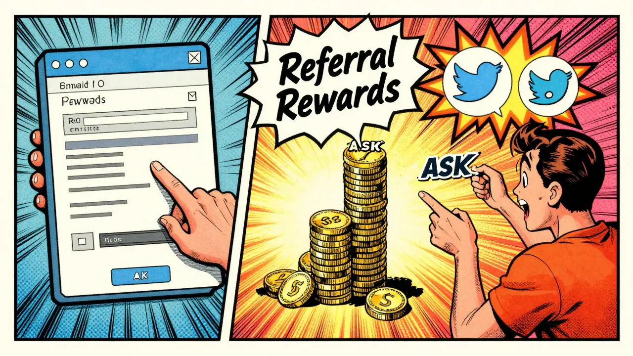 Comic art of user verifying email and sharing referral links for rewards