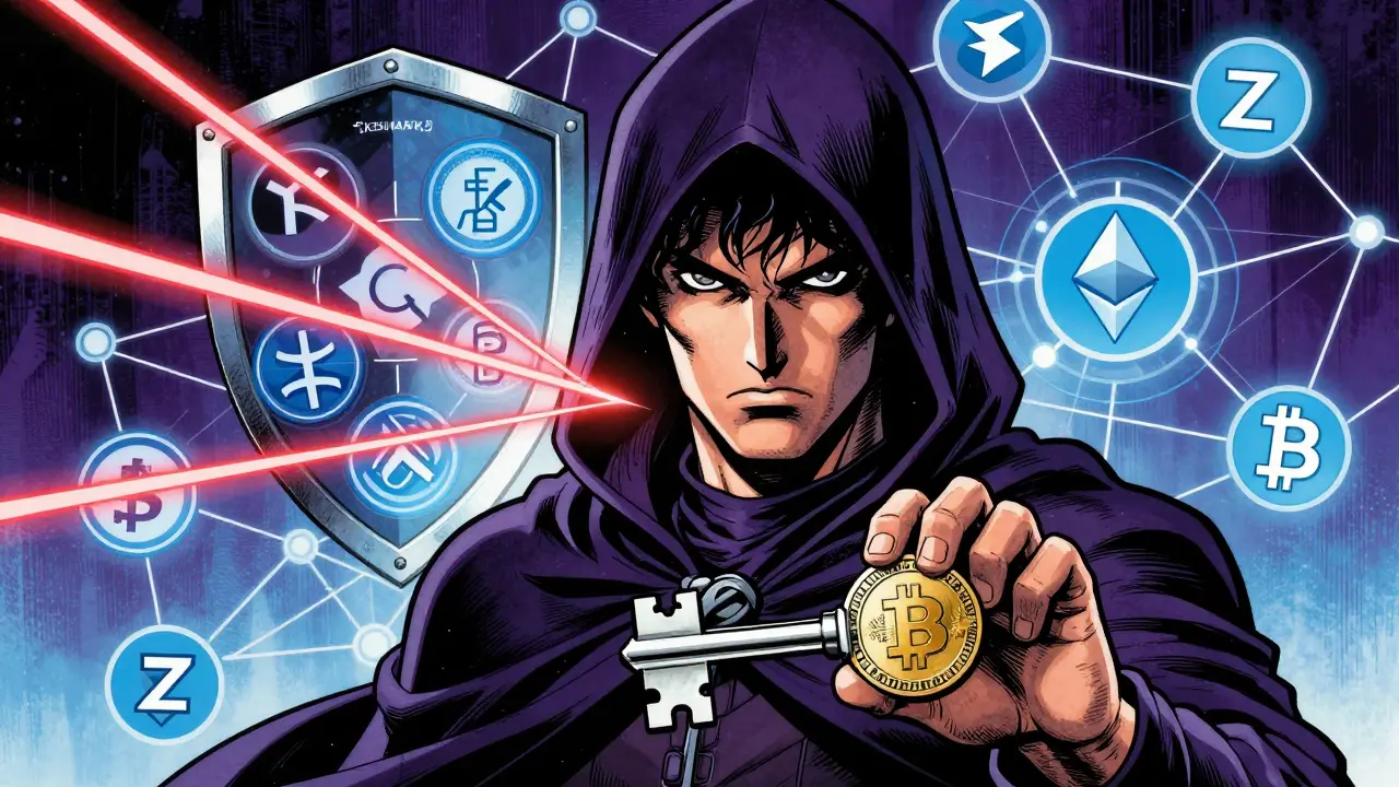 Comic book hero Darknode holding REN key, protected by zkSNARK shield against cyber attacks.
