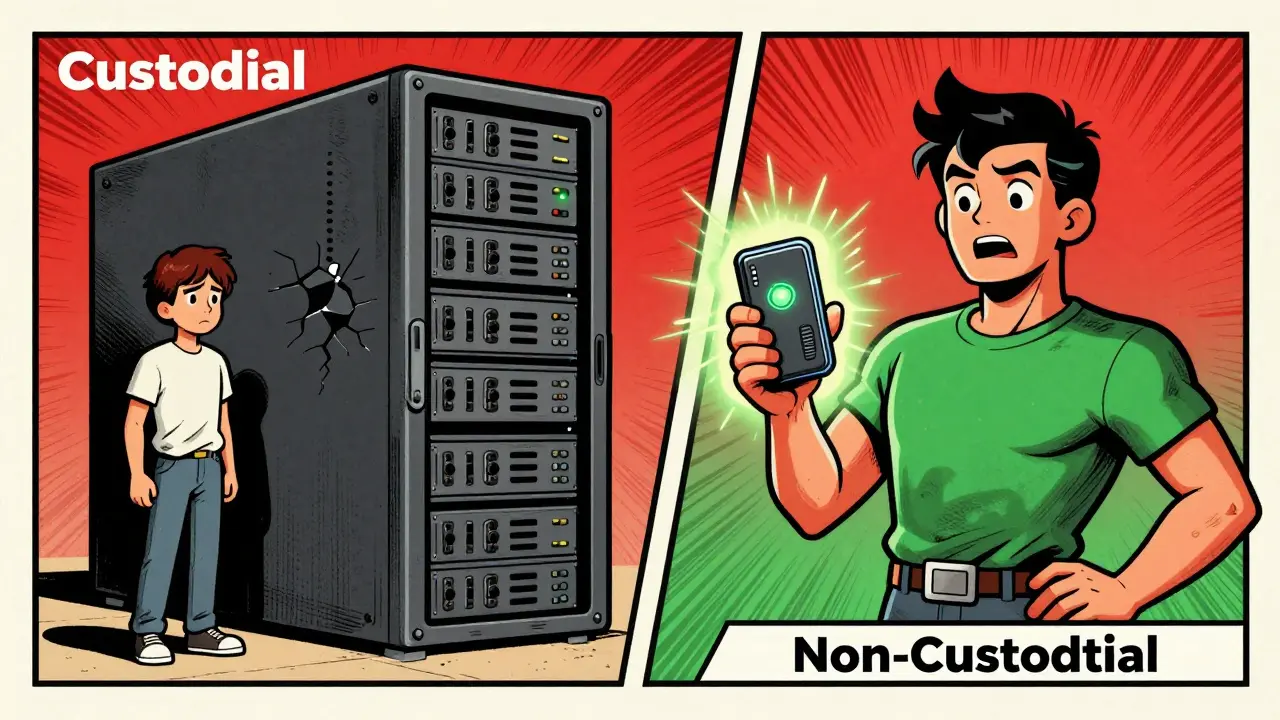 Comic comparison of risky custodial servers vs secure non-custodial hardware wallets.