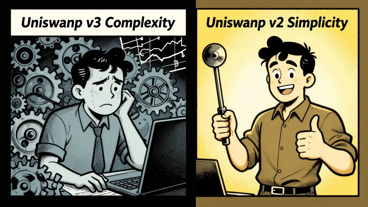 Comic panel contrasting confusing Uniswap v3 complexity with simple v2 usage