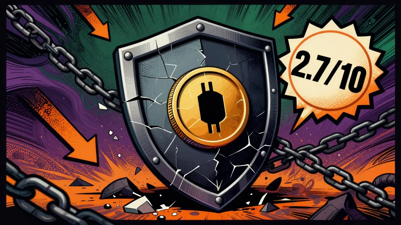 Cracked security shield showing low safety score and financial risk in comic style