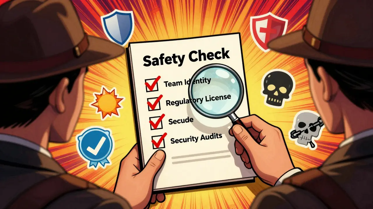 Detective checking safety list against scam risks in comic style