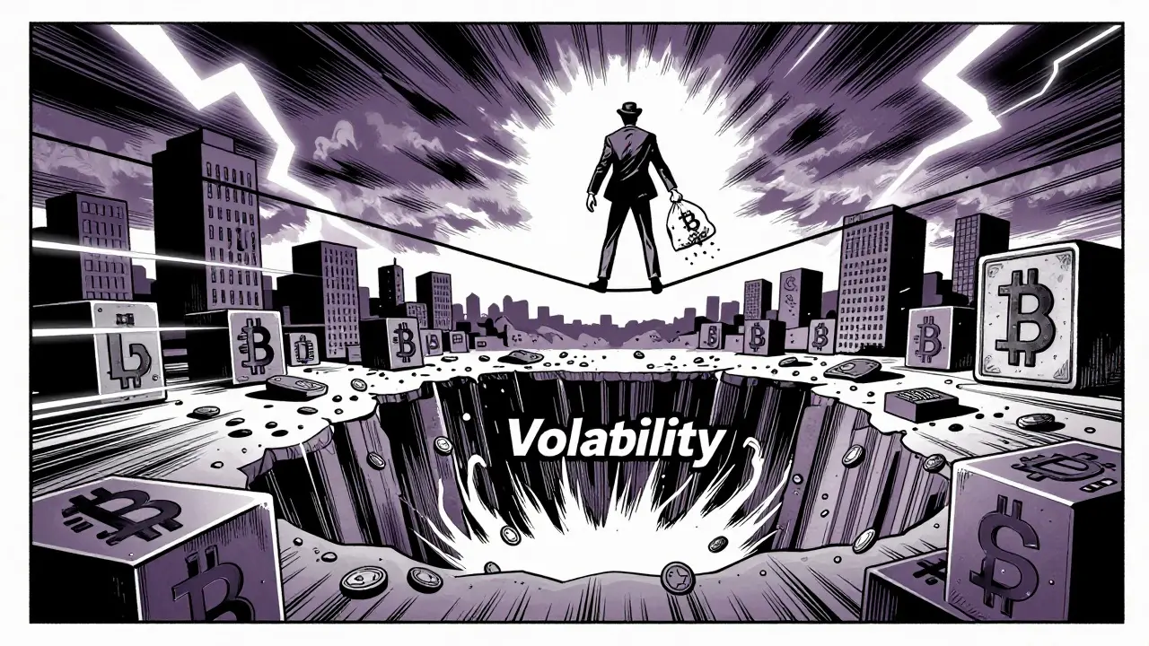 Gambler on tightrope over crypto abyss in vintage comic style