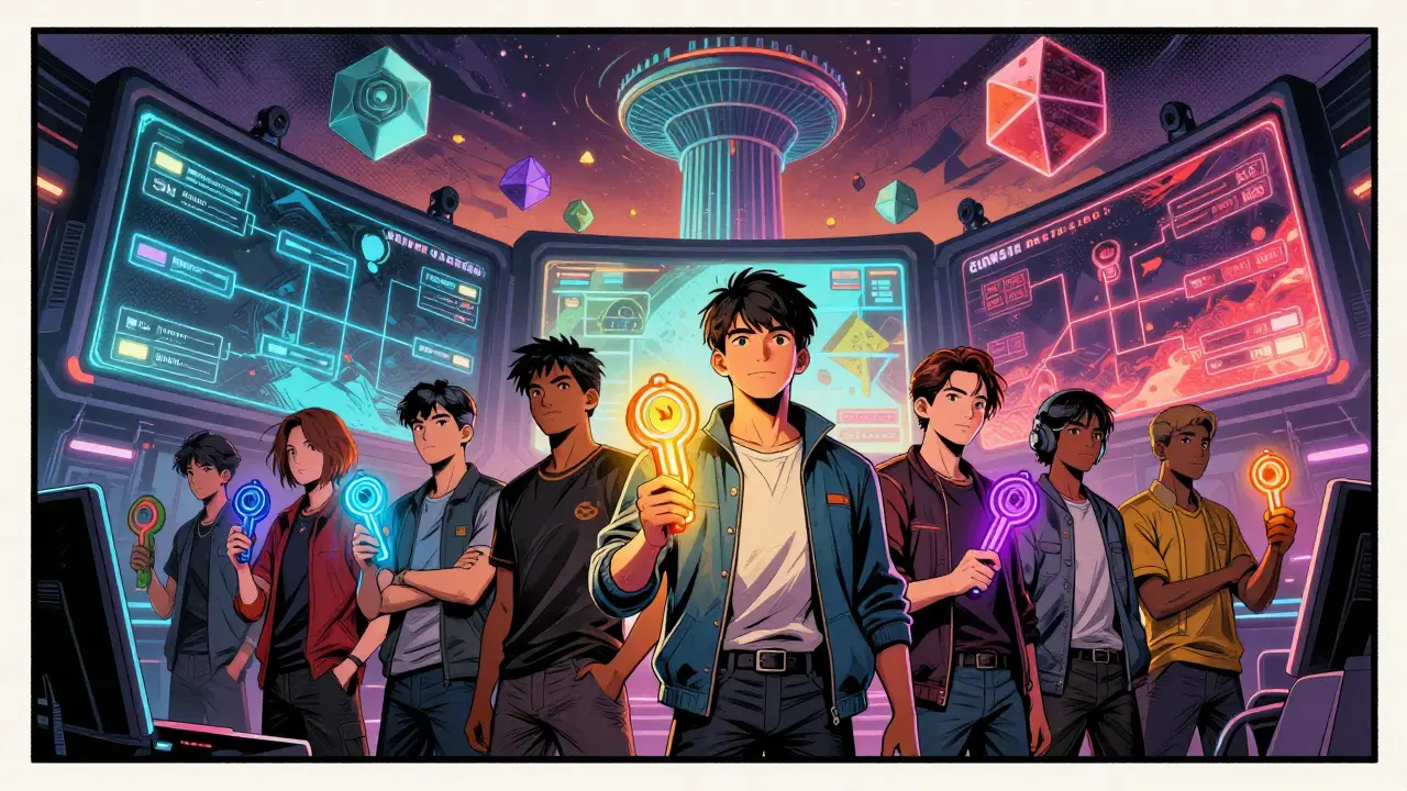 Gamers holding glowing NFT keys in futuristic esports arena, comic style