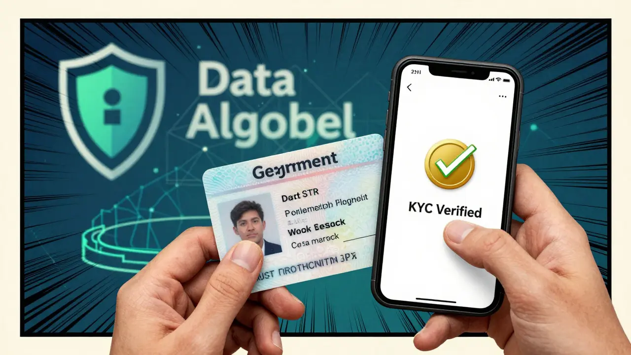Hand holding ID card next to verified crypto wallet shield icon