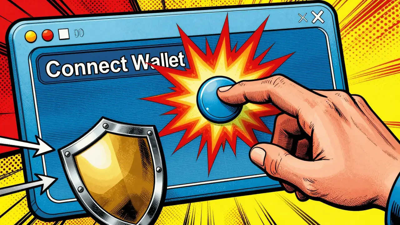 Hand hovering over dangerous connect wallet button with shield